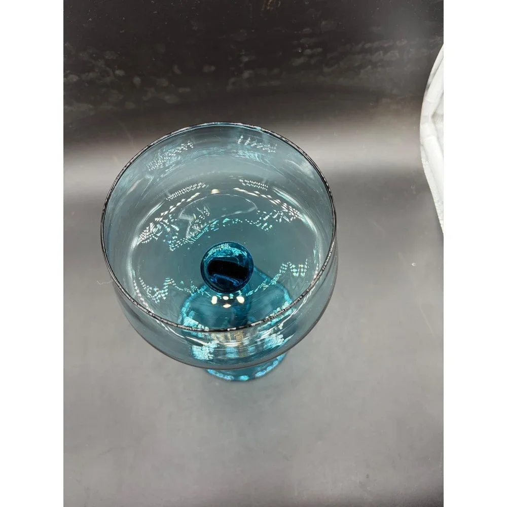 Vintage Teal Blue Twisted Stem Glass Coupe Champagne Cocktail Mid Century Modern